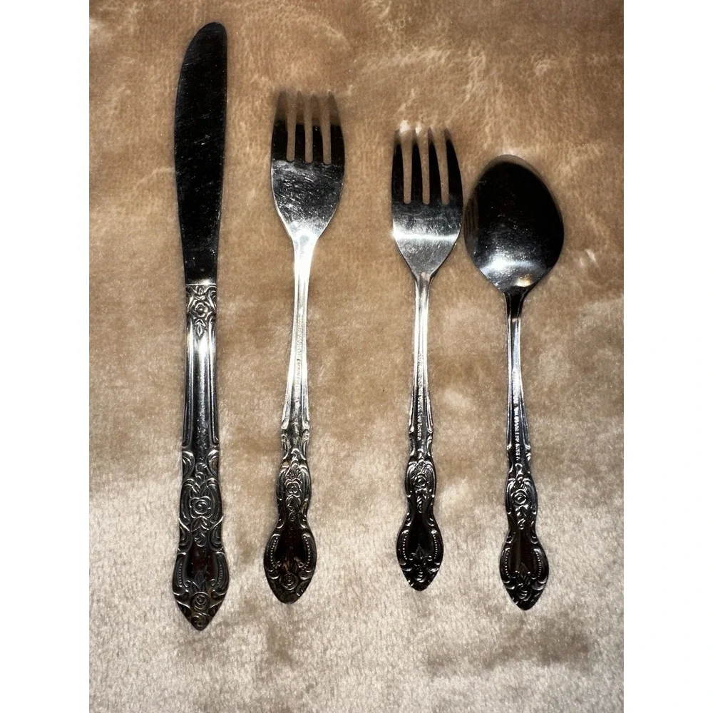 Lustreware Silverware Stainless Ornate Rose Korea Spoon Knife 2 forks Lot